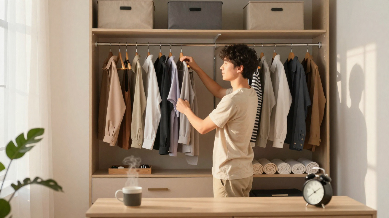 Pessoa a escolher roupa num armário organizado com camisas penduradas e objetos arrumados numa divisão bem iluminada.