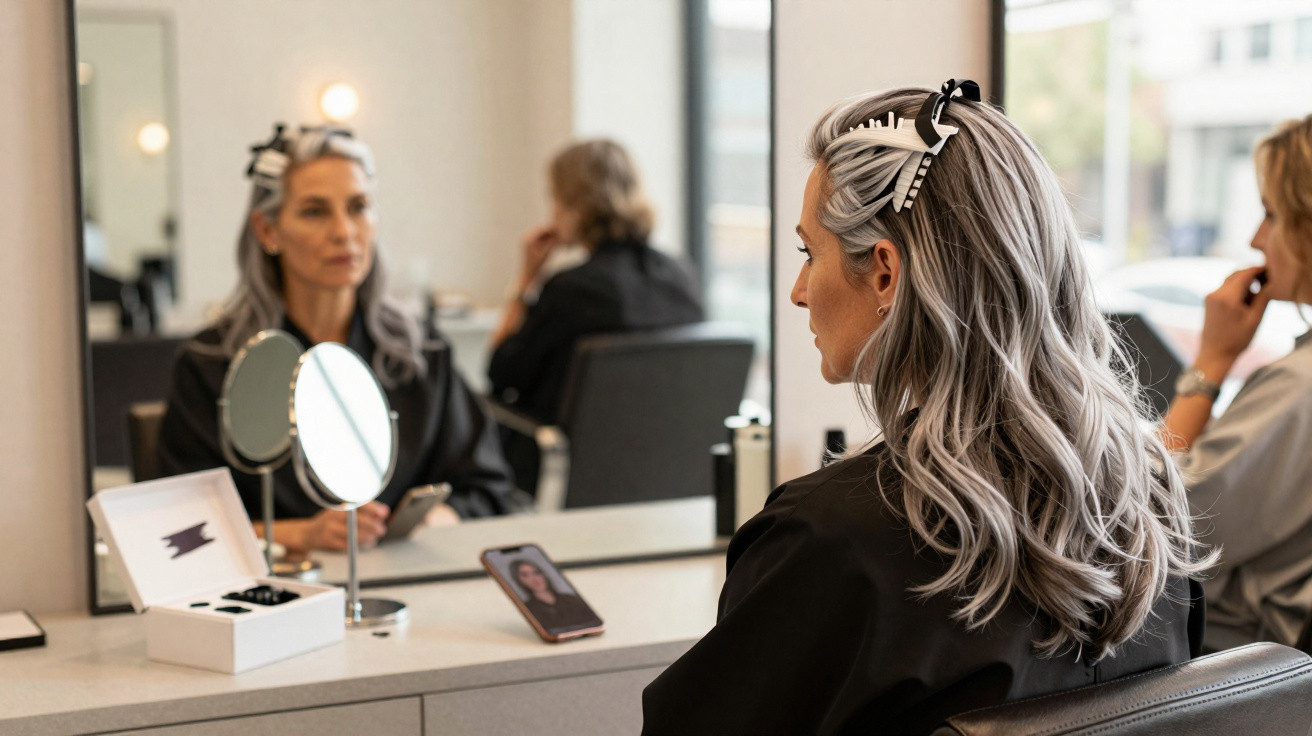 Mulher com cabelo grisalho preso com ganchos sentada à frente de espelho num salão de beleza.