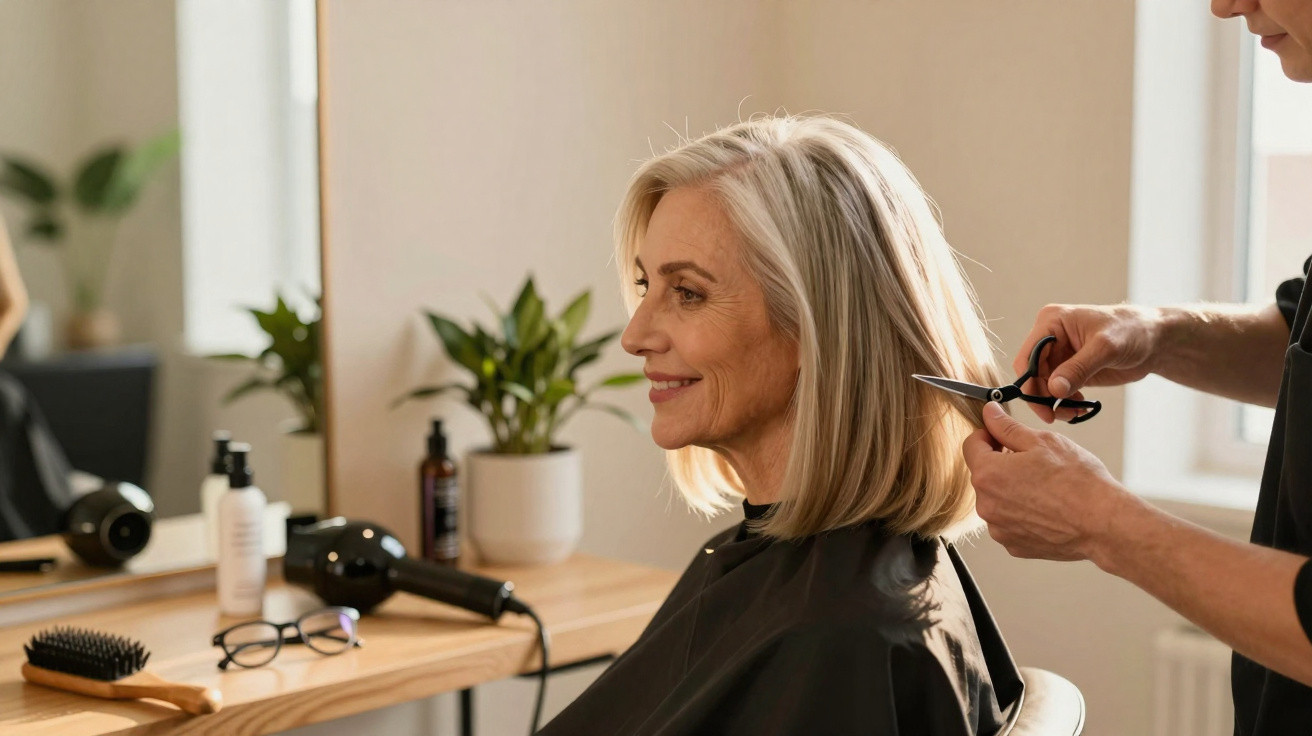 Mulher sorridente com cabelo grisalho a receber corte de cabelo num salão de beleza moderno.