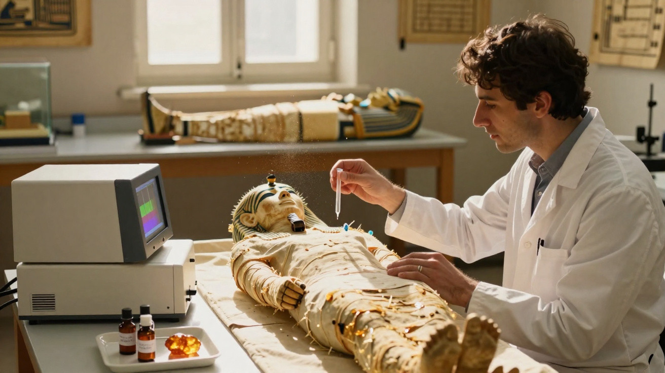 Cientista em laboratório a examinar e analisar uma múmia egípcia com instrumentos e amostras.