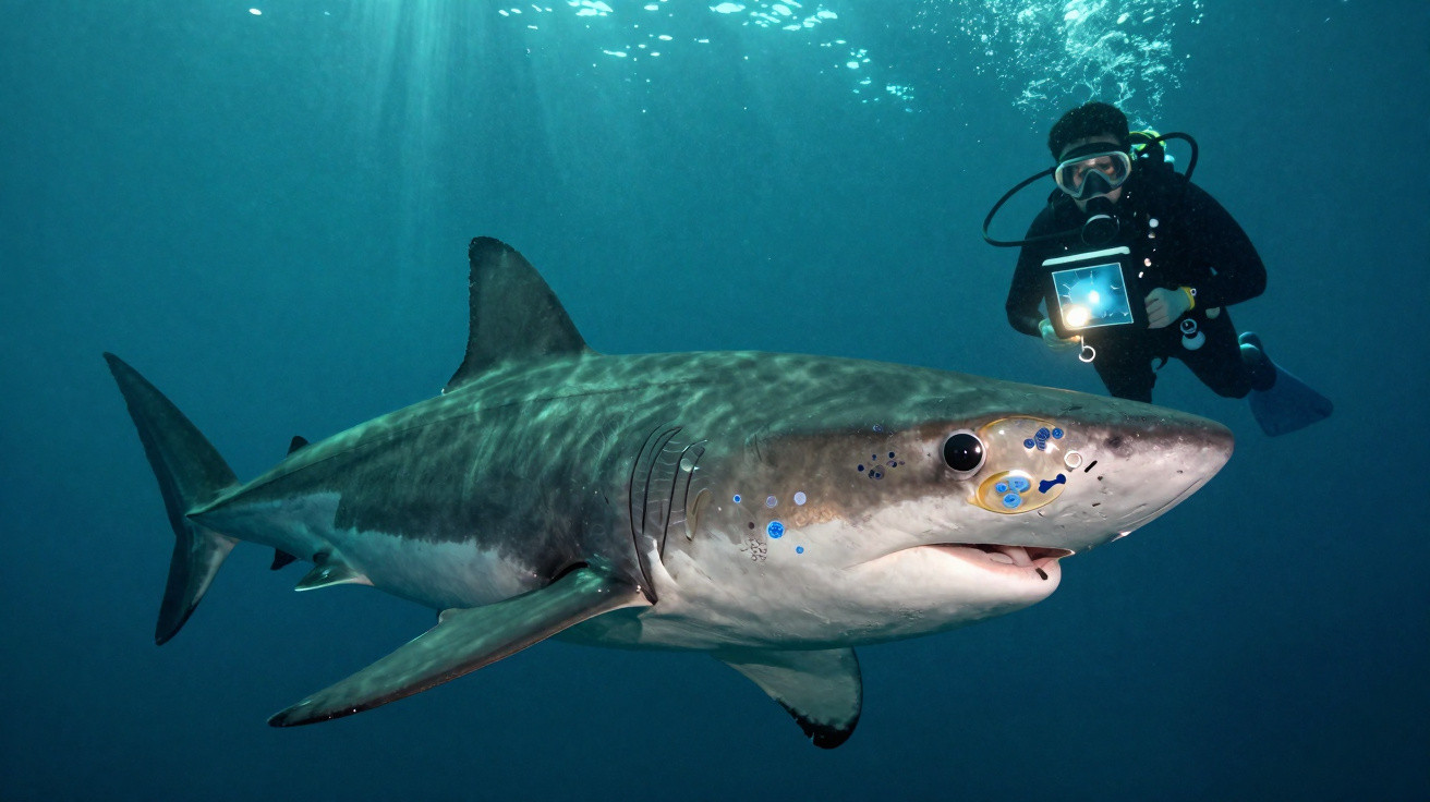 Mergulhador a fotografar tubarão grande azul no oceano com luz natural a penetrar na água.
