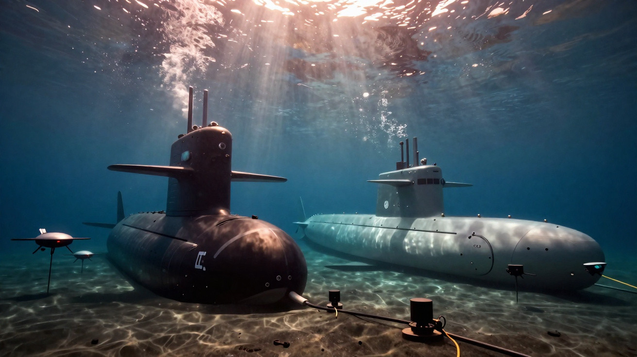 Dois submarinos subaquáticos ancorados no fundo do mar, com luz solar a penetrar na água.