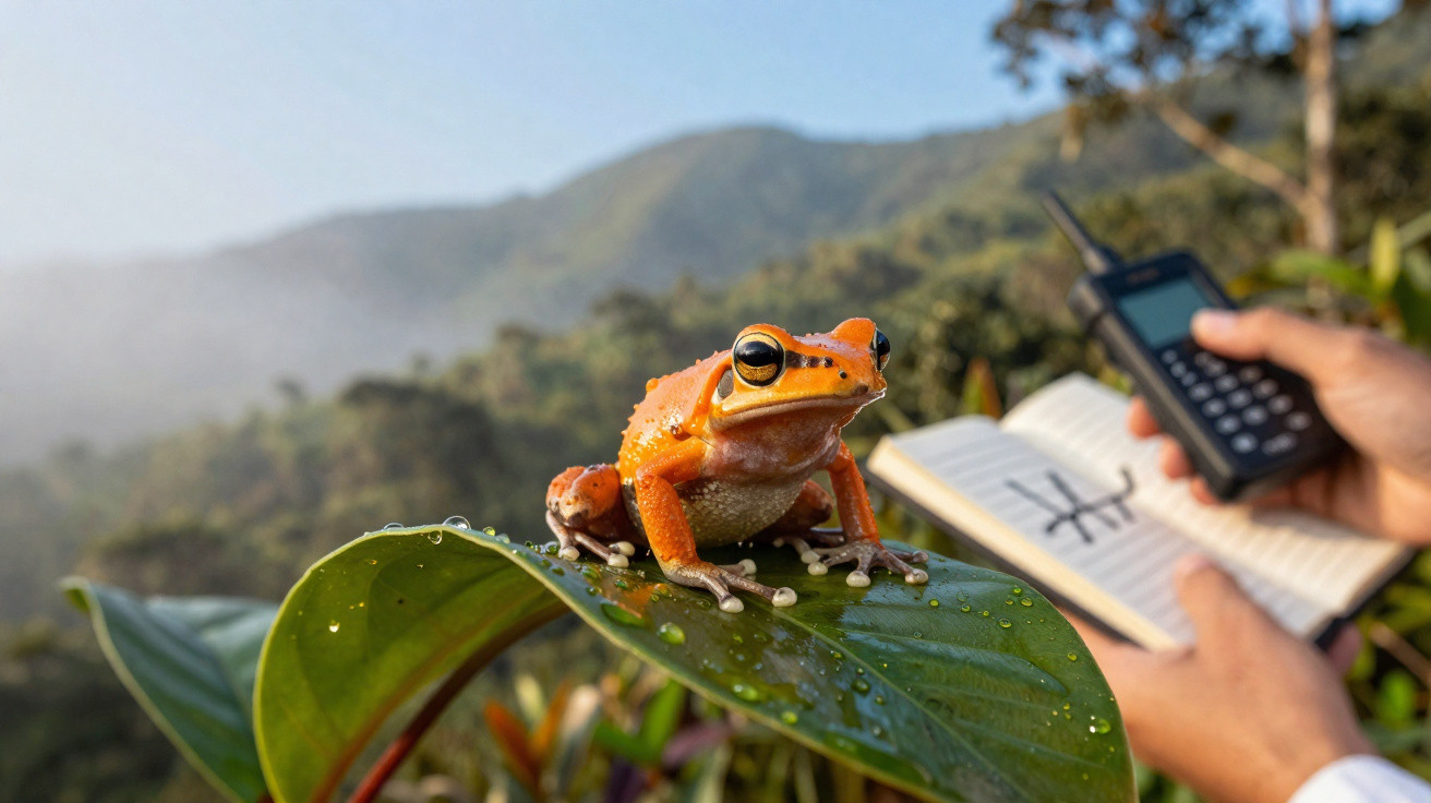 Sapo laranja em folha verde com gotas de água, com paisagem montanhosa ao fundo e mãos lendo um caderno.