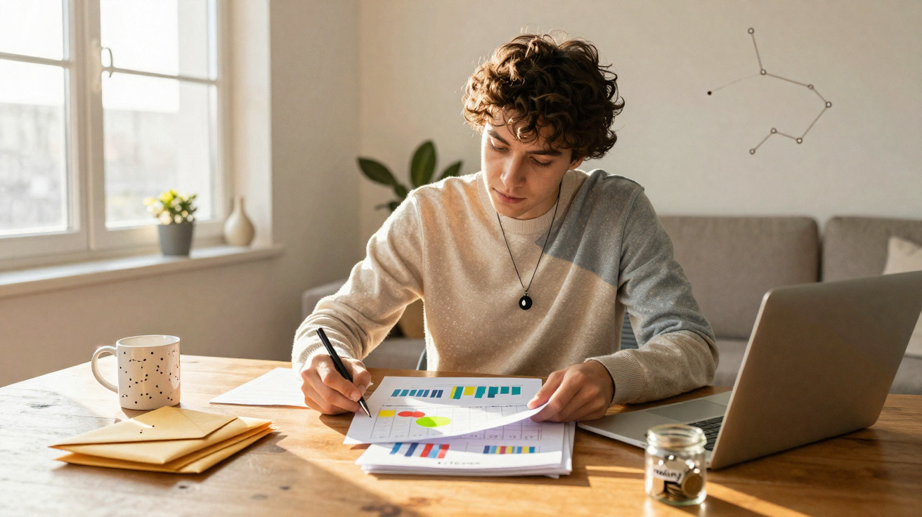 Pessoa jovem a trabalhar com gráficos e documentos sentada à mesa com computador portátil e caneca.