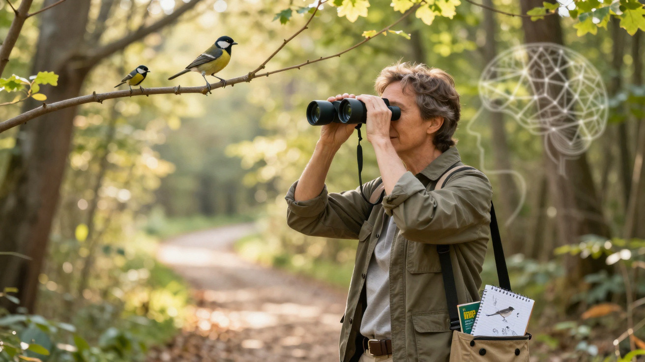 Mulher observa pássaros com binóculos numa floresta, com caderno e livro na mochila ao ombro.