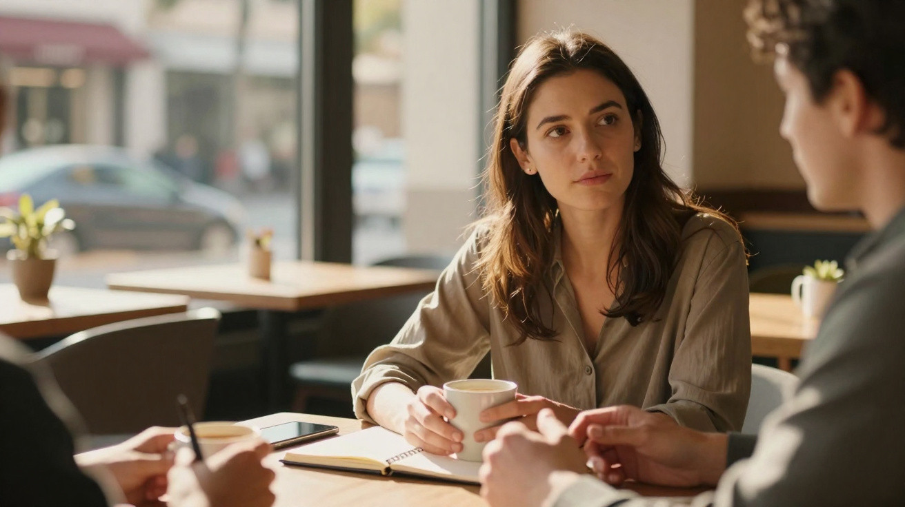 Mulher sentada numa mesa de café, a segurar uma chávena, a ouvir atentamente duas pessoas.