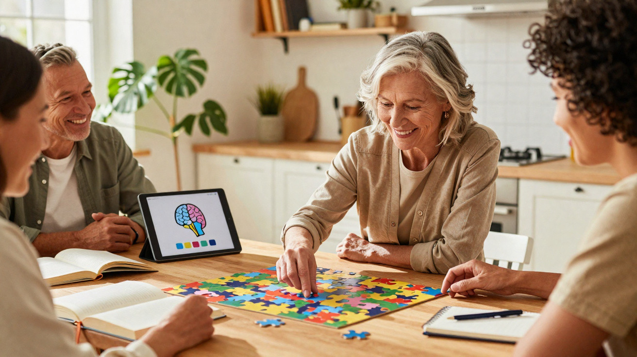 Grupo de pessoas idosas e jovens a montar um puzzle numa mesa, com ilustração de cérebro num tablet ao fundo.