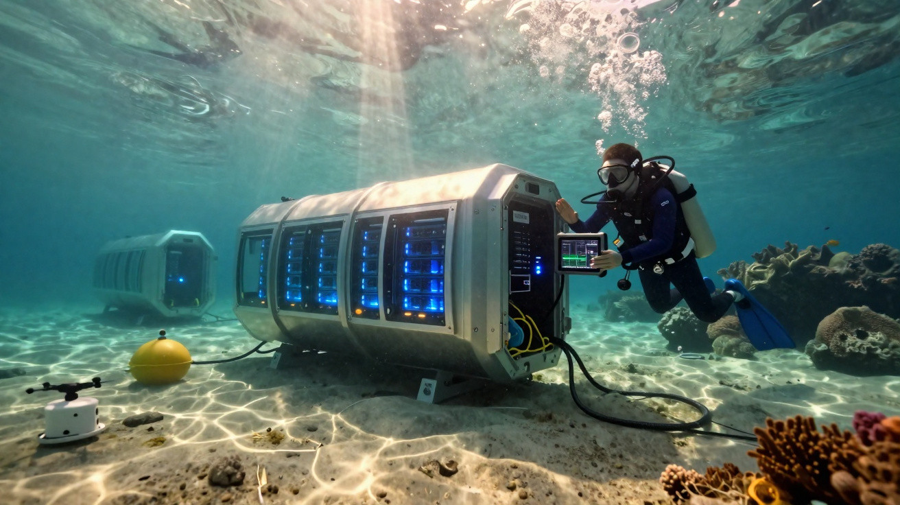 Mergulhador a trabalhar em servidores subaquáticos no fundo do mar com recifes e luz solar a iluminar.