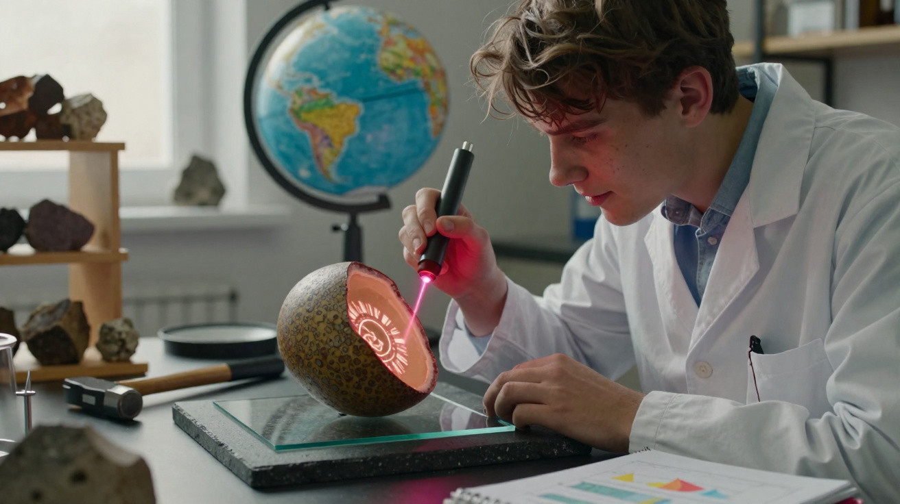 Jovem cientista em laboratório analisa com laser a secção interna detalhada de uma rocha.