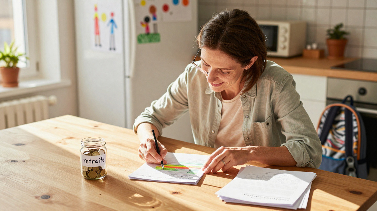 Mulher sorridente a analisar gráficos e documentos numa cozinha iluminada, com jarro de moedas na mesa.
