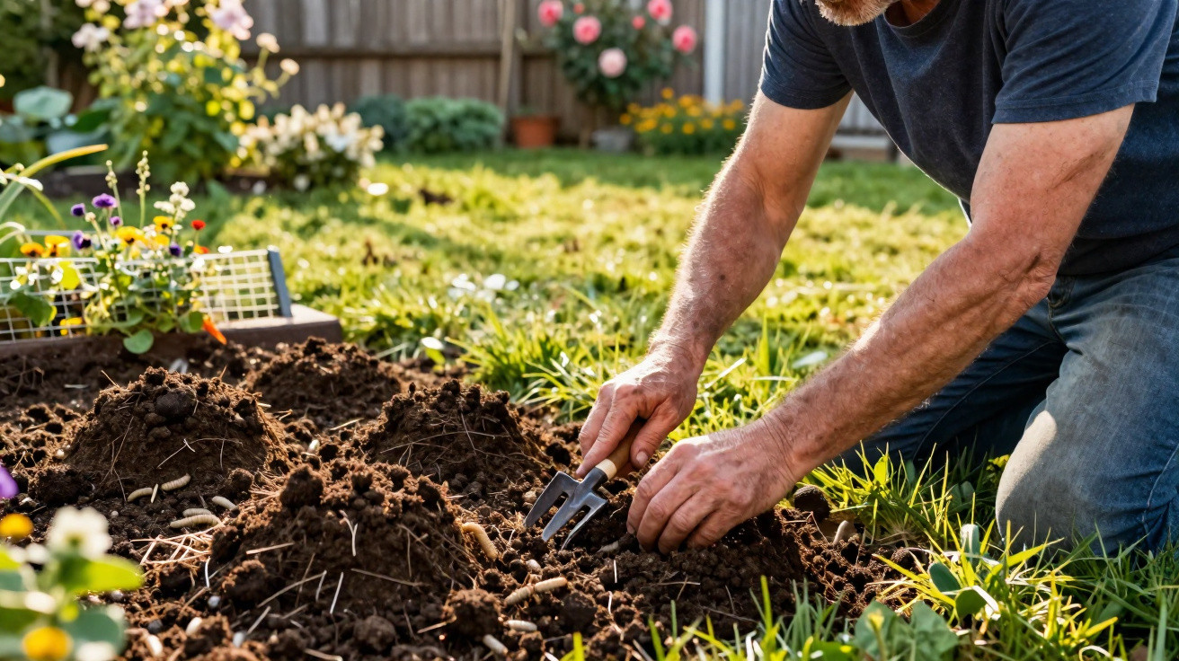 Homem a cultivar o solo de um jardim com uma pequena ferramenta num dia ensolarado.