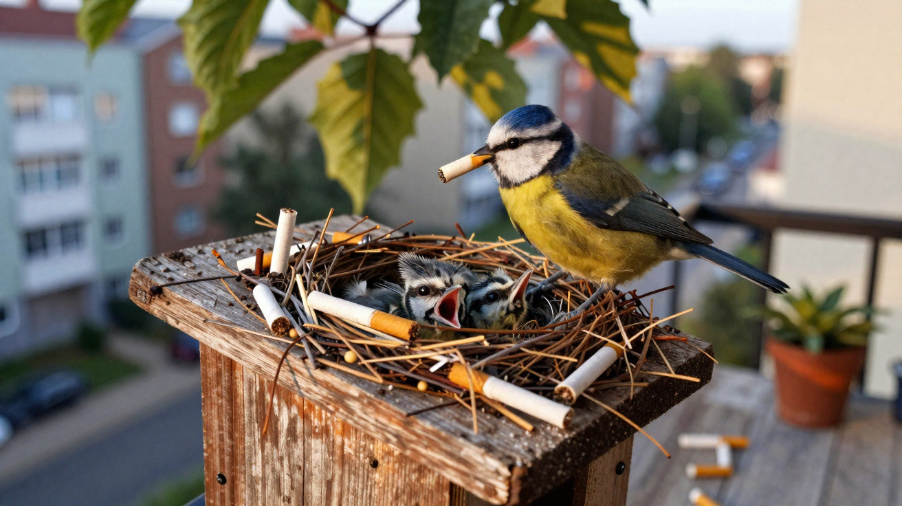 Pássaro azul e amarelo com cigarro no bico alimenta filhotes num ninho cheio de beatas num parapeito.