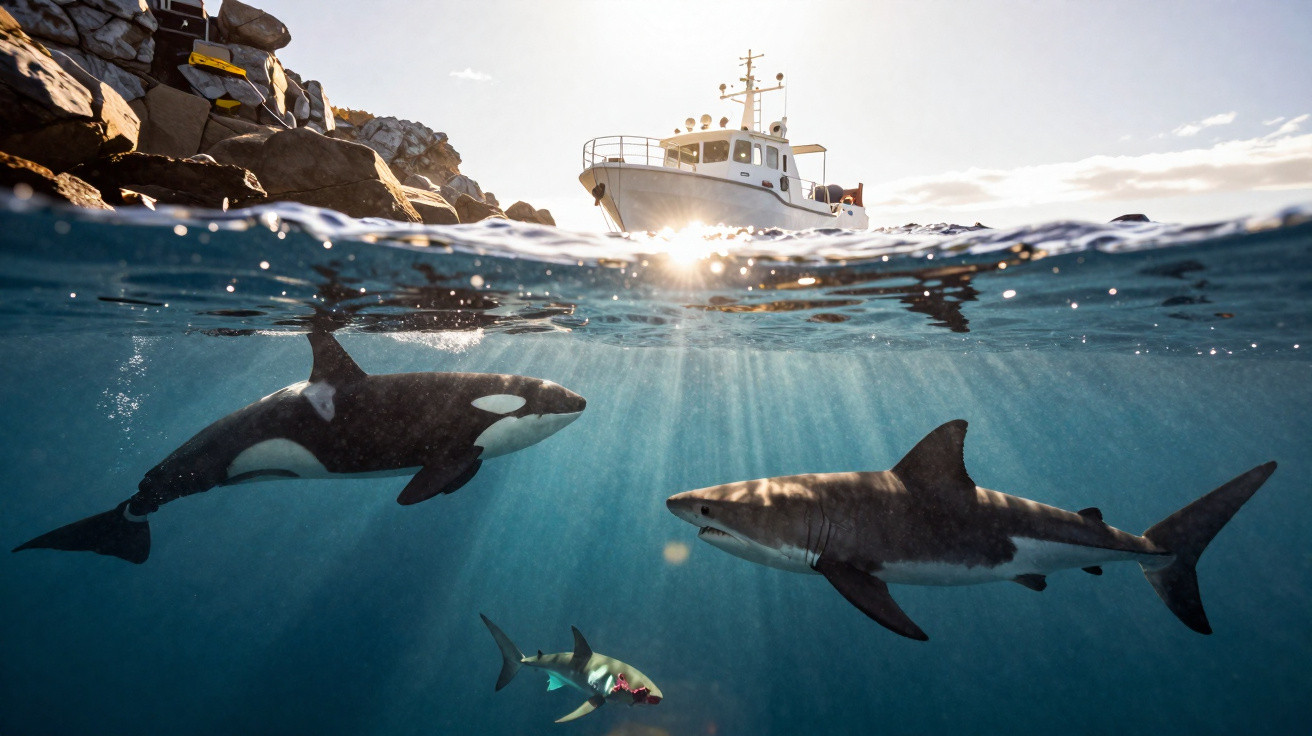 Orca e tubarões nadam juntos em águas claras perto de um barco e rochas costeiras.