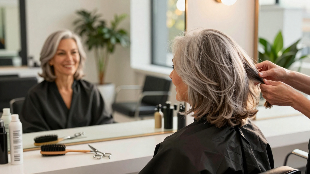Mulher sénior no cabeleireiro a ser atendida, com cabelo grisalho e capa preta, sorrindo para o espelho.