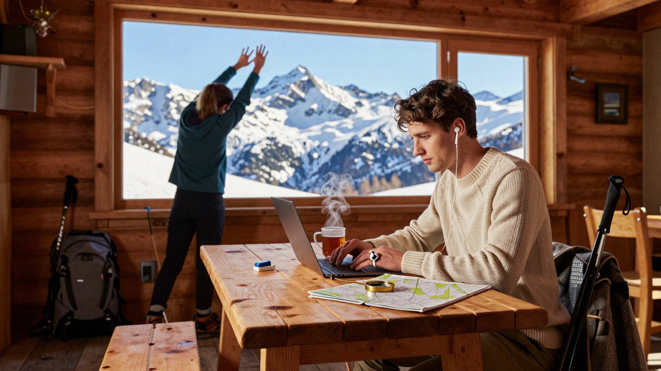 Jovem a trabalhar num portátil numa cabana de madeira com vista para montanhas nevadas e outra pessoa a alongar-se.