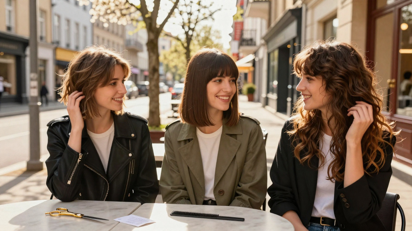 Três mulheres jovens sorrindo e conversando sentadas à mesa numa rua ao ar livre durante o dia.
