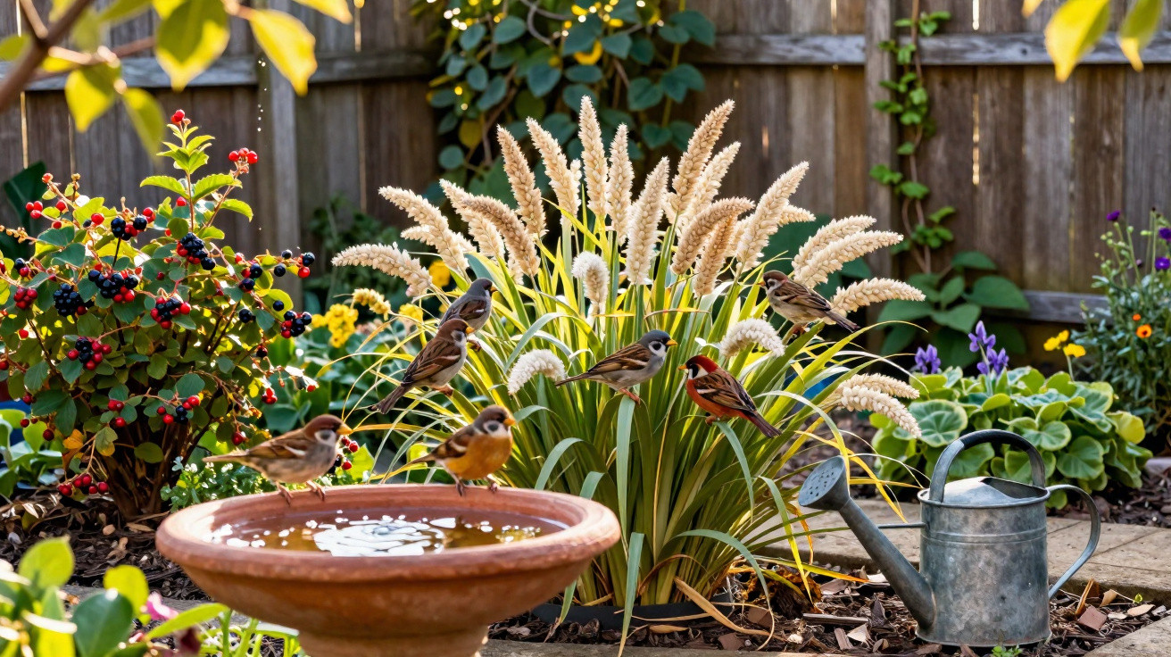Pássaros pousados num vaso com água num jardim florido com ervas e regador metálico.