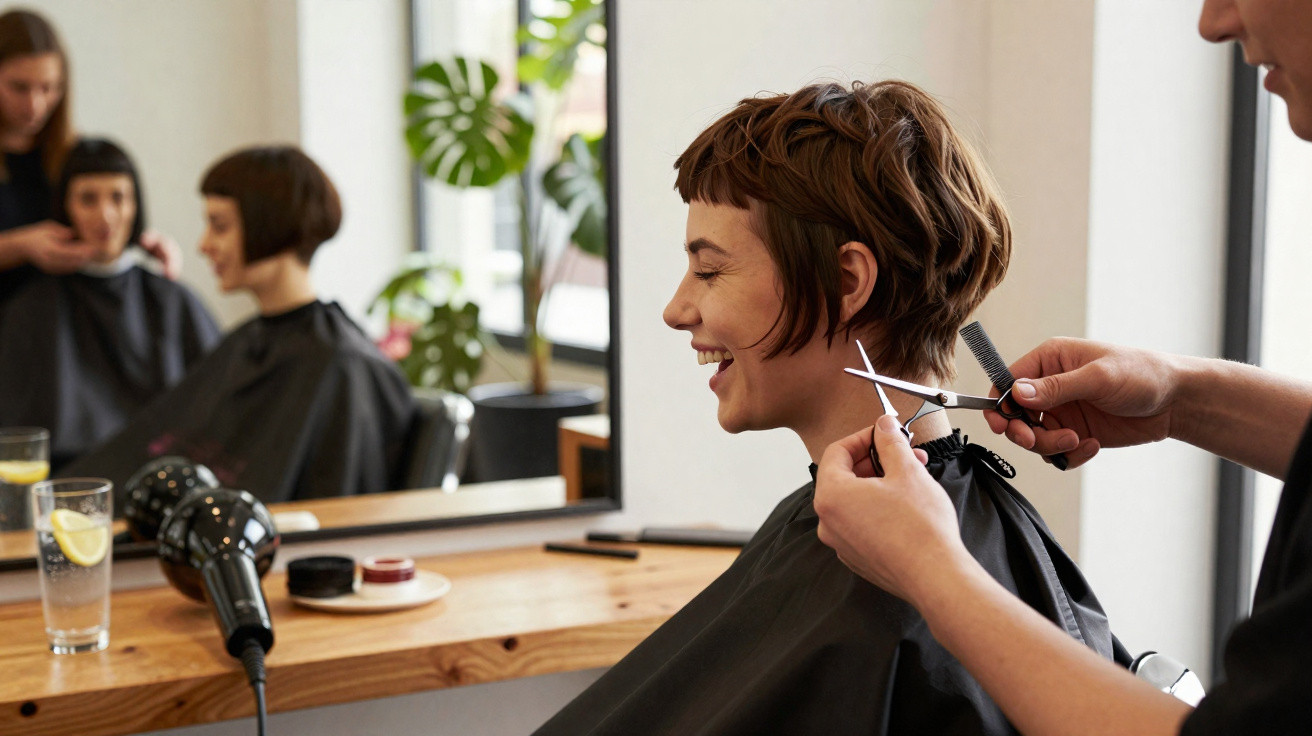 Mulher sorridente a receber corte de cabelo curto num salão de beleza, com secador e utensílios na mesa.