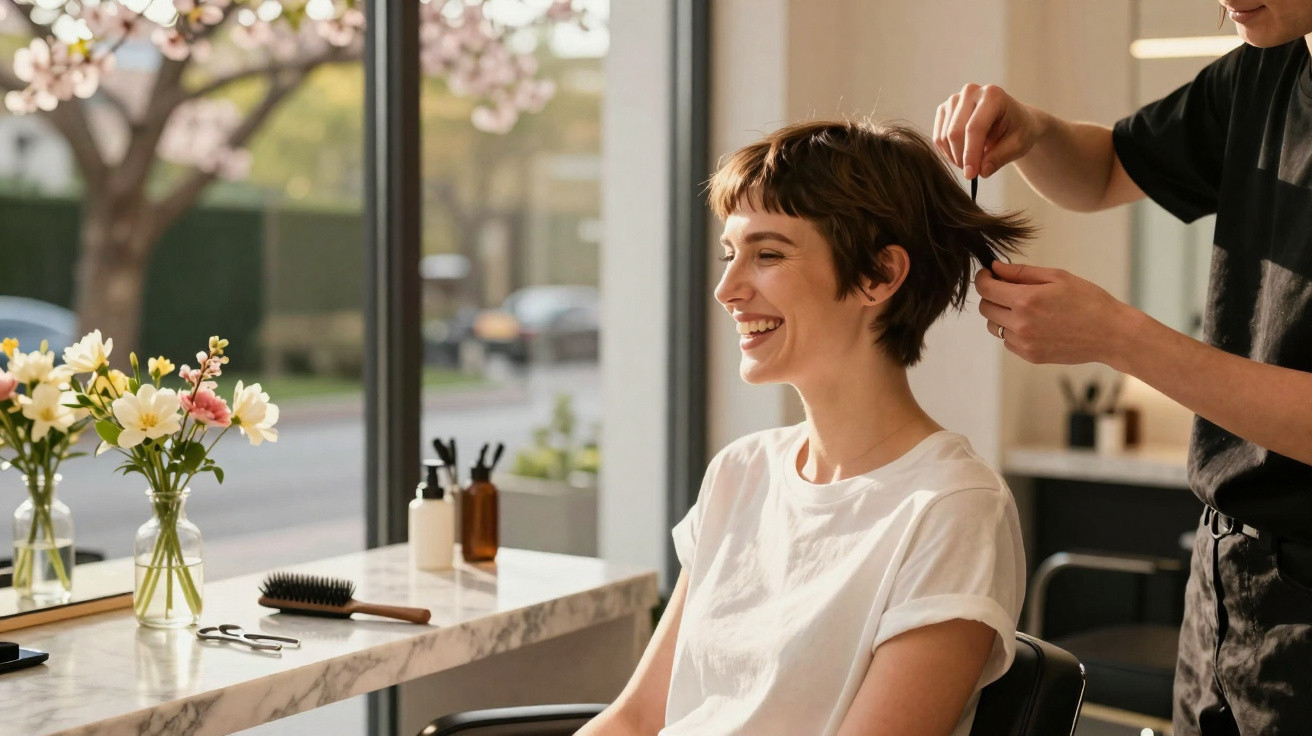 Mulher sorridente a cortar o cabelo num salão com flores numa mesa e janela grande ao fundo.