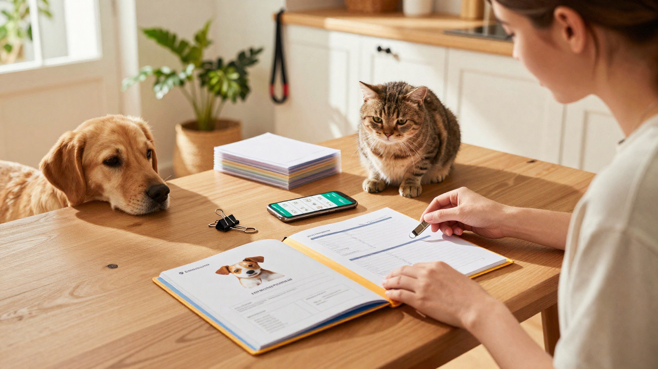 Pessoa a preencher documentos numa mesa com um cão e um gato à espera ao lado.