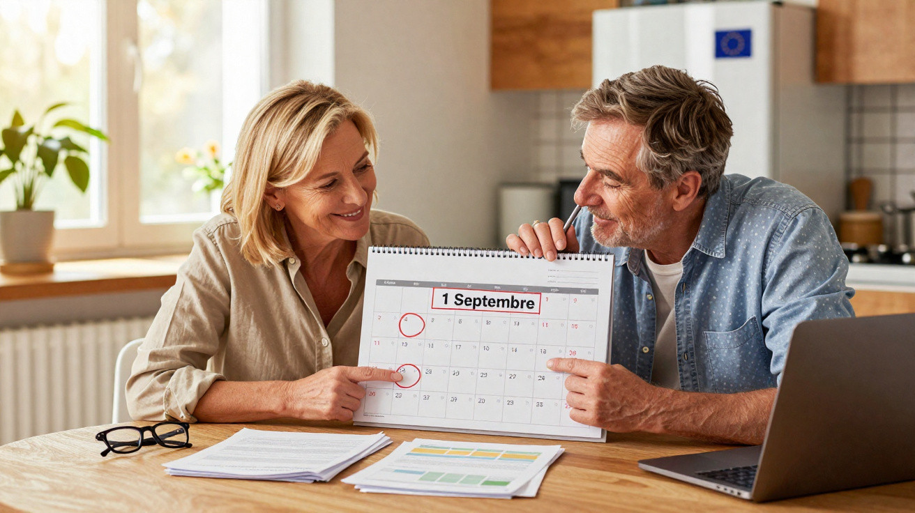 Casal maduro sentado à mesa em casa mostrando e apontando para o dia 1 de setembro num calendário.