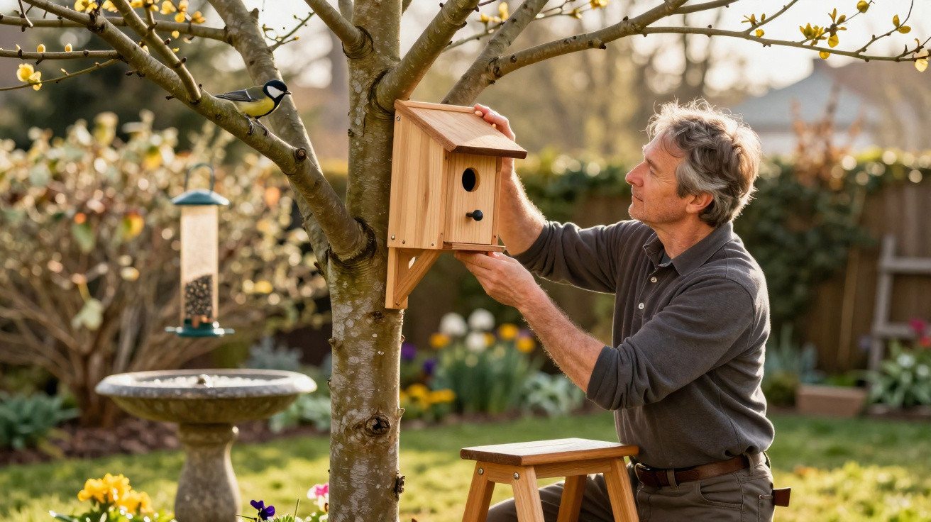 Homem em escada a instalar casa de pássaros numa árvore num jardim florido ao entardecer.