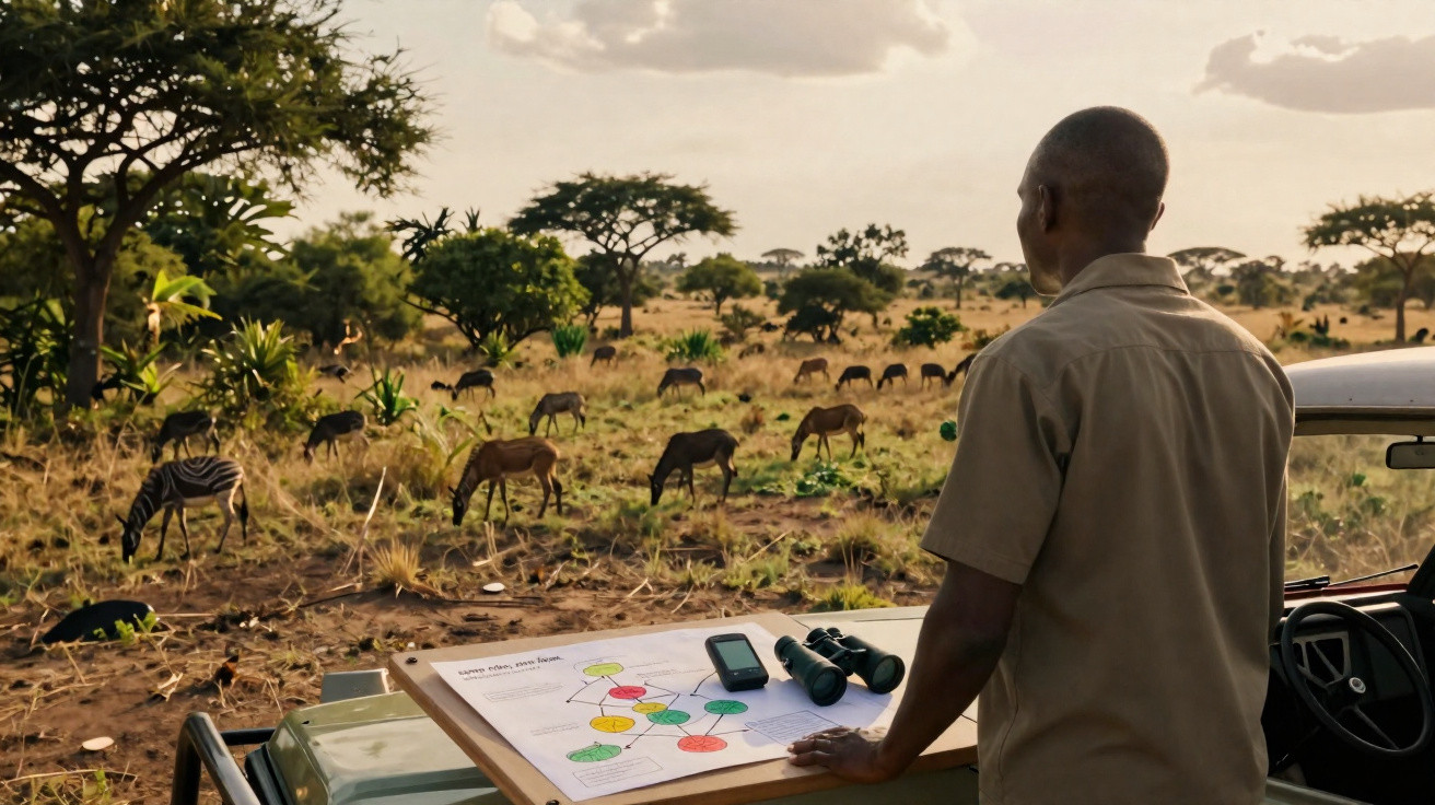 Homem observa a savana africana com animais selvagens, mapa e binóculos sobre o capô de jipe.