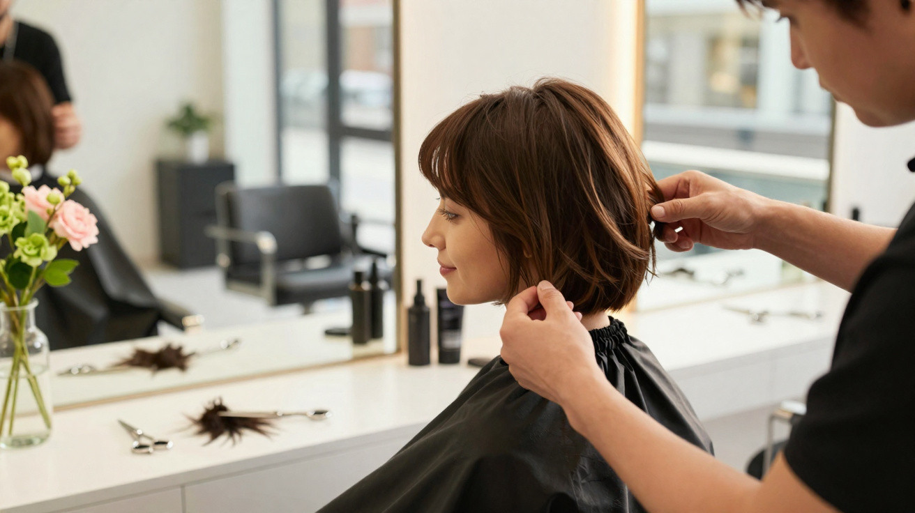 Cliente sentada a receber corte de cabelo num salão moderno com espelhos e flores na mesa.