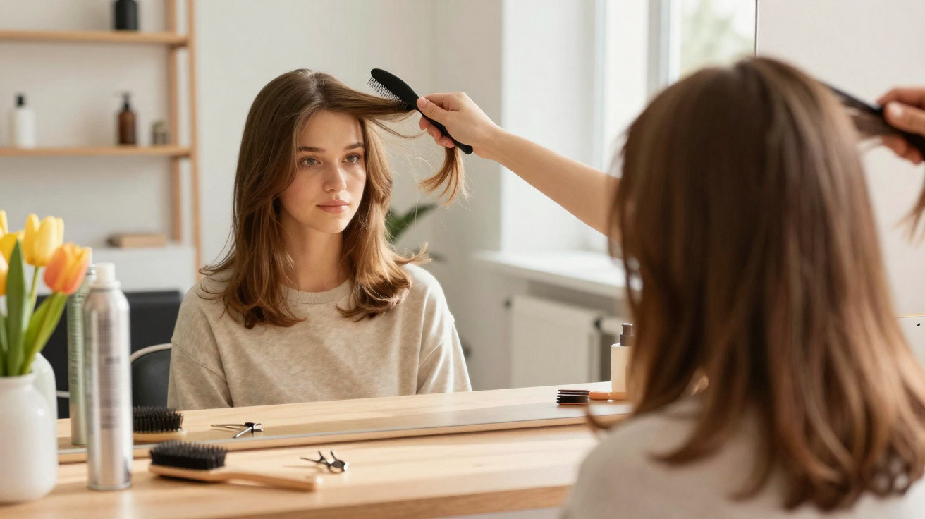 Mulher sentada a pentear o cabelo com escova perante um espelho numa mesa de madeira clara.
