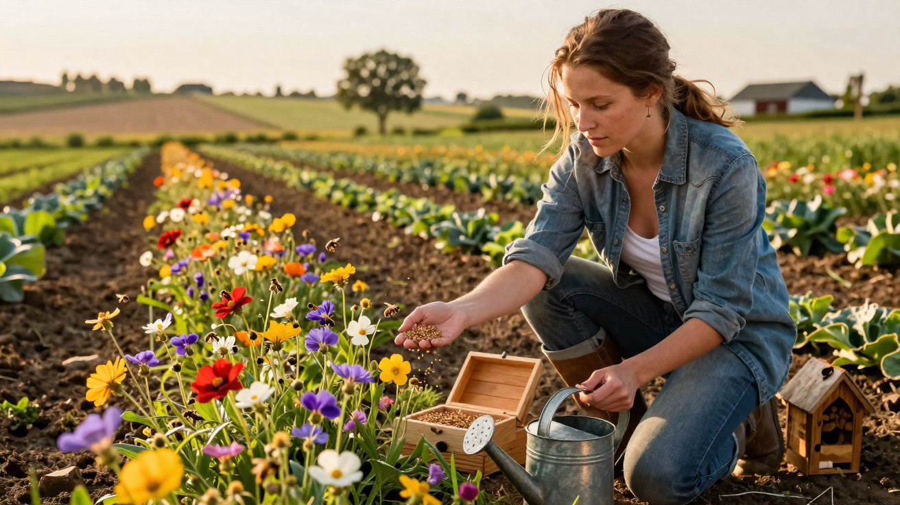 Mulher a semear flores coloridas numa horta, rodeada de plantas e com regador no chão.