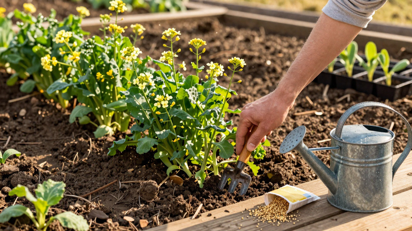 Mão a cultivar plantas com flores amarelas no solo enquanto rega é visível ao lado num jardim.