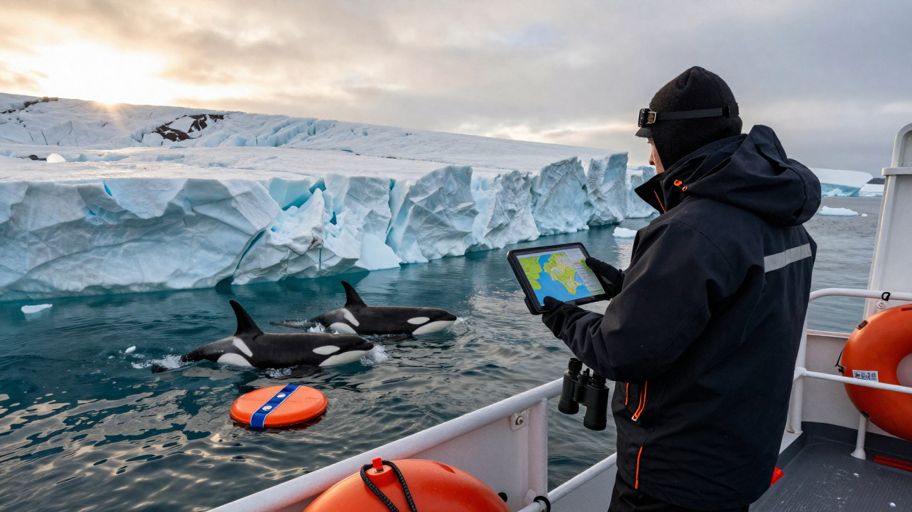 Pessoa com roupa térmica a olhar para um tablet num barco perto de orcas e icebergues.