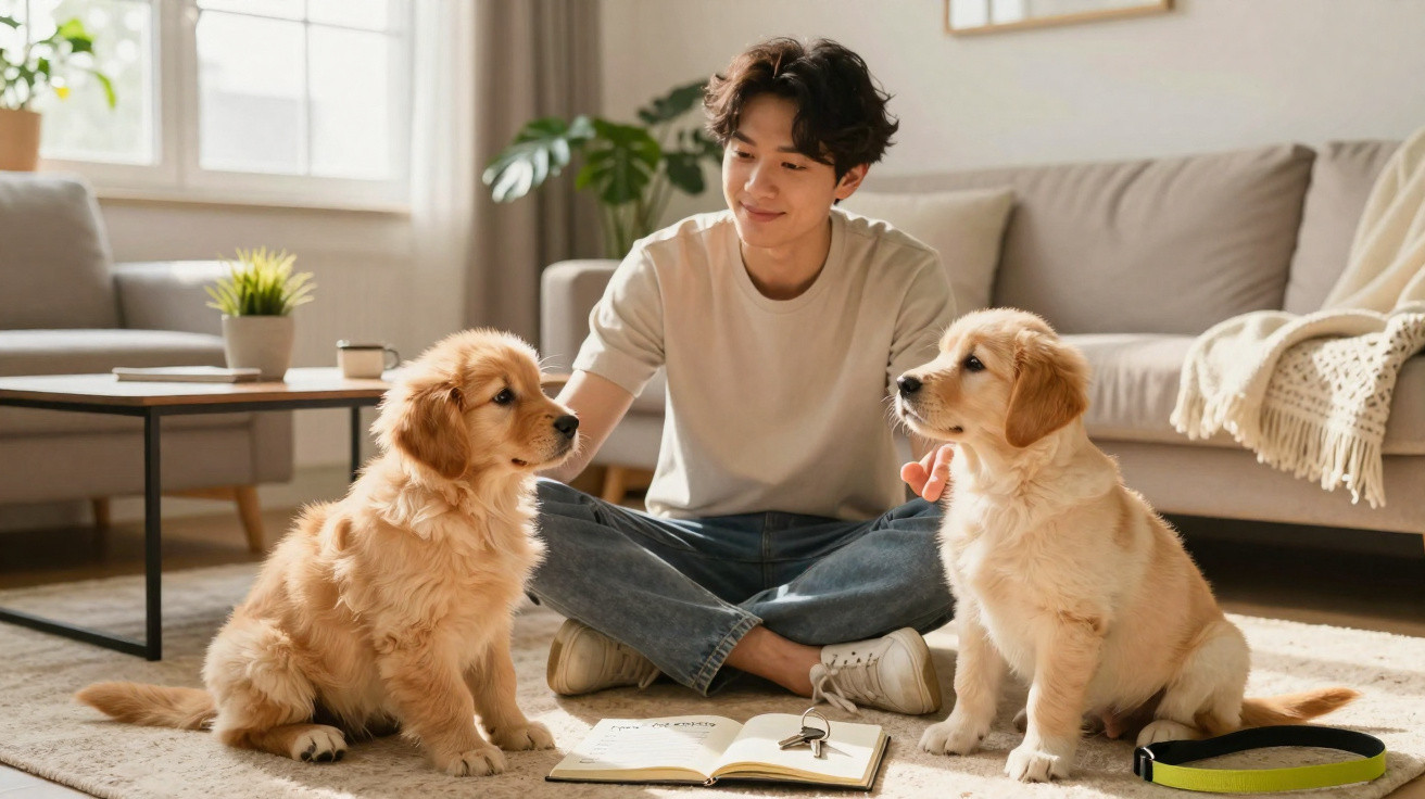 Jovem sentado no chão de uma sala acariciando dois cães golden retriever filhotes.