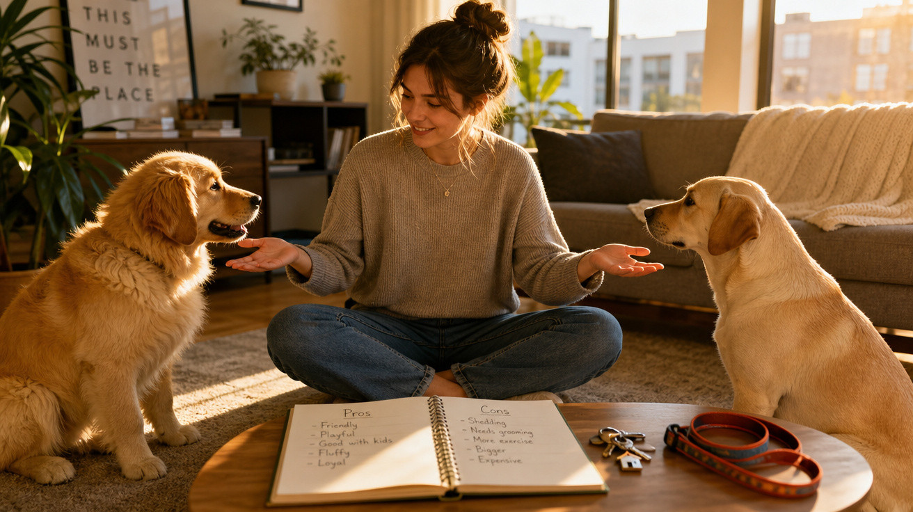 Mulher sentada no chão entre dois cães num ambiente acolhedor com caderno e trelas numa mesa à frente.