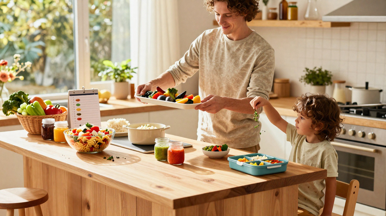 Pai e filho a preparar uma refeição saudável juntos numa cozinha luminosa e moderna com frutas e legumes frescos.