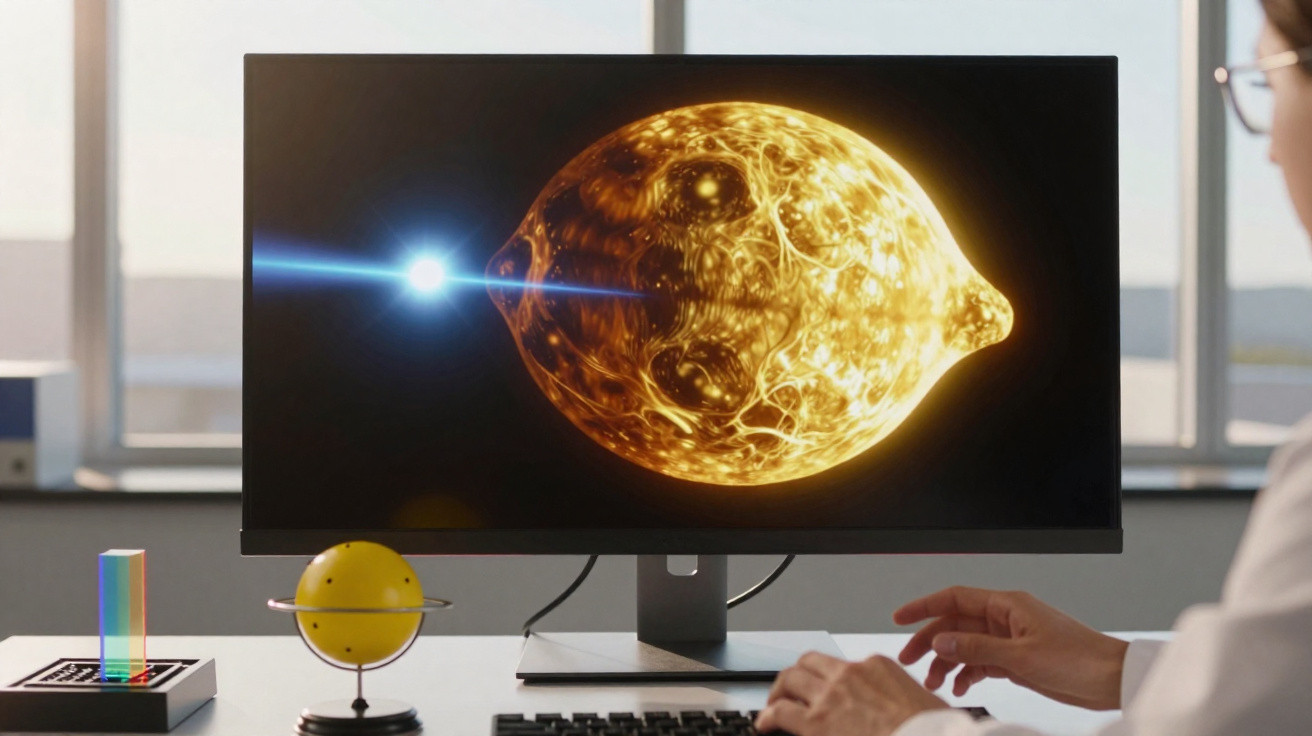 Pessoa a trabalhar num computador com imagem de estrela amarela brilhante no ecrã, ambiente de escritório.
