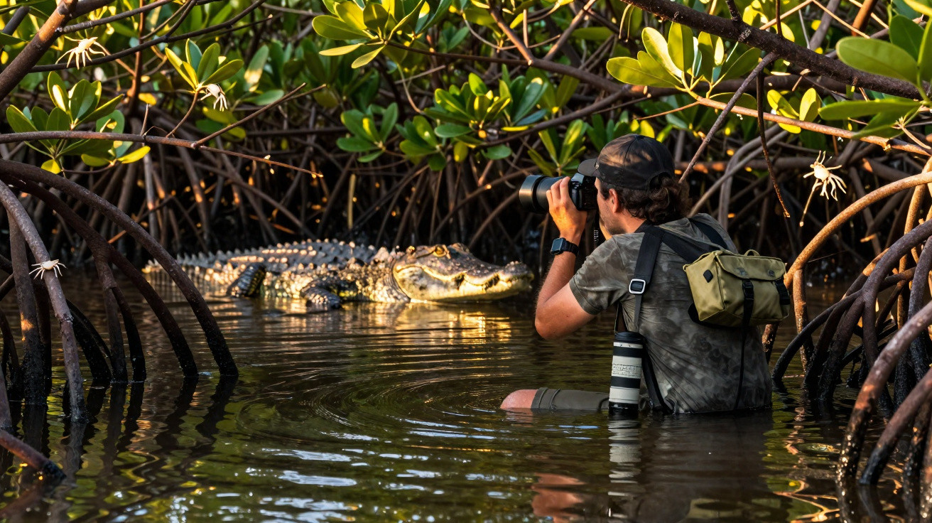 Fotógrafo na água a fotografar um crocodilo entre raízes de mangue ao pôr do sol.