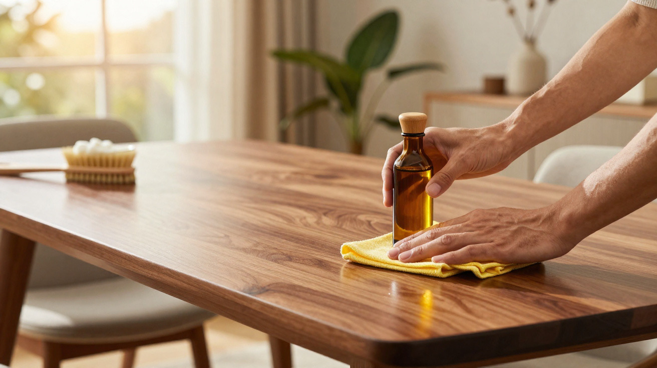 Pessoa a limpar mesa de madeira com pano amarelo e vidro de óleo ao pôr do sol em ambiente interior.
