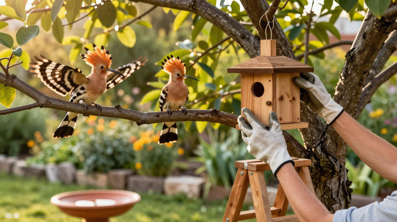 Duas poupas em ramo observam uma pessoa a instalar uma casa de pássaros numa árvore num jardim.