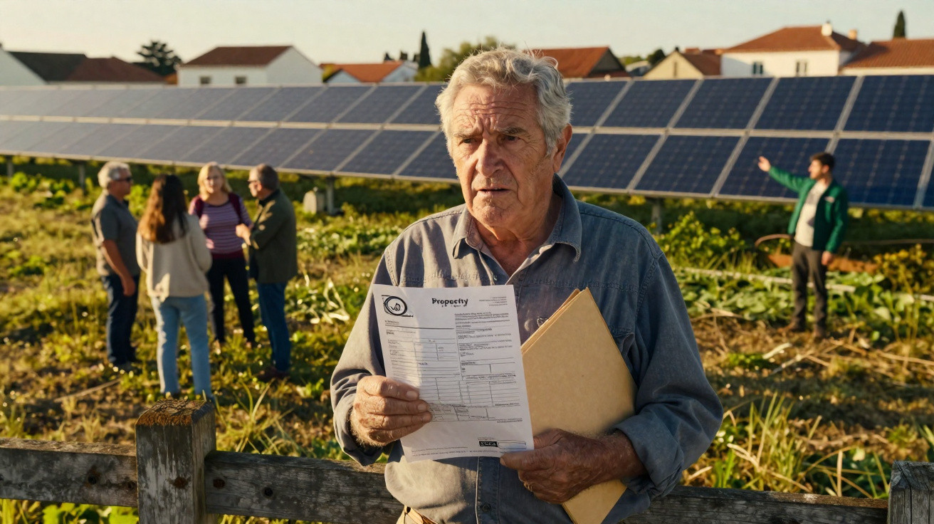 Homem idoso com documentos junto a uma cerca, painéis solares e grupo de pessoas ao fundo num campo solar.