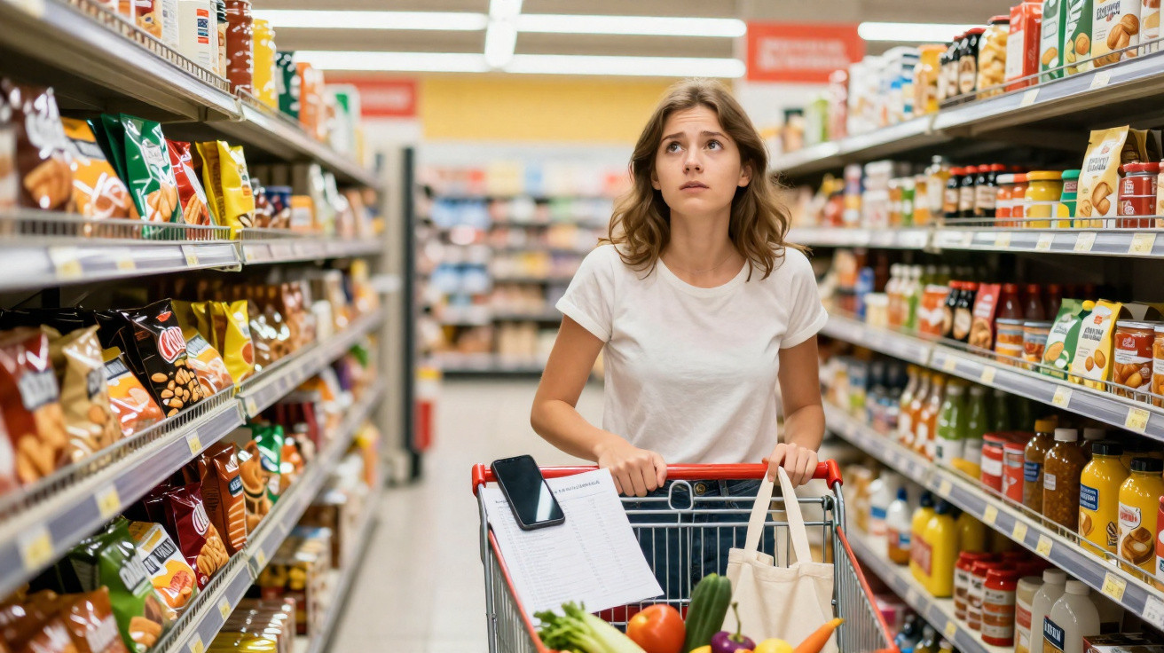 Mulher jovem com carrinho de compras no supermercado, olhando para cima, aparentemente indecisa.