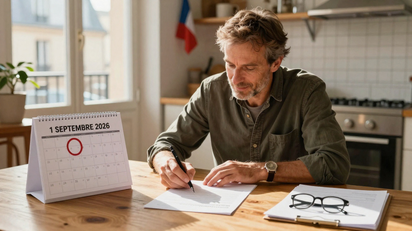 Homem concentrado a assinar documentos numa mesa com calendário a 1 de setembro de 2026 destacado em vermelho.
