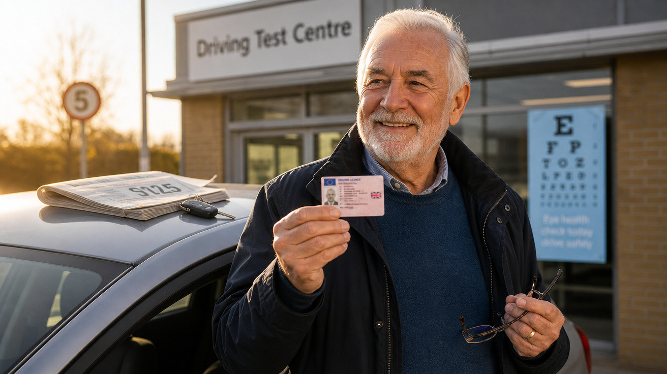 Homem idoso sorridente mostrando carta de condução à frente de um centro de exames de condução.