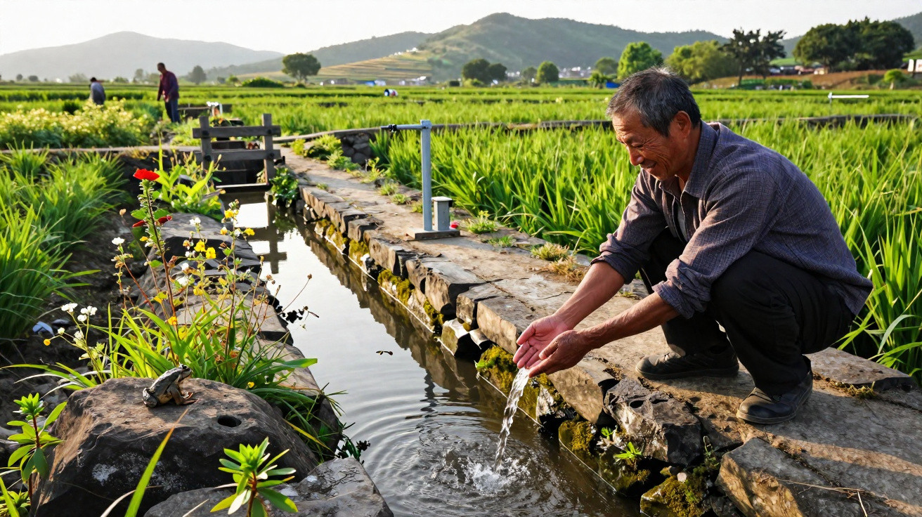 Homem ajoelhado junto a canal de água numa plantação verde, com montanhas ao fundo e céu claro.