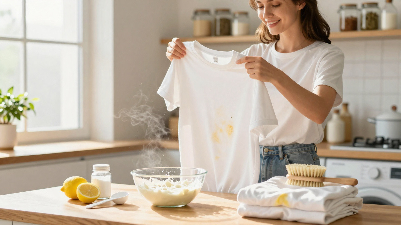 Mulher a segurar t-shirt limpa com nódoa, cozinha iluminada, ingredientes e têxteis na bancada de madeira.