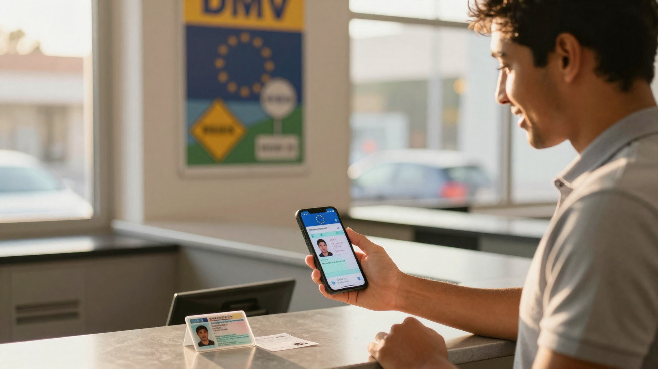Homem a comparar carteirinha de identificação física com digital num balcão do DMV.
