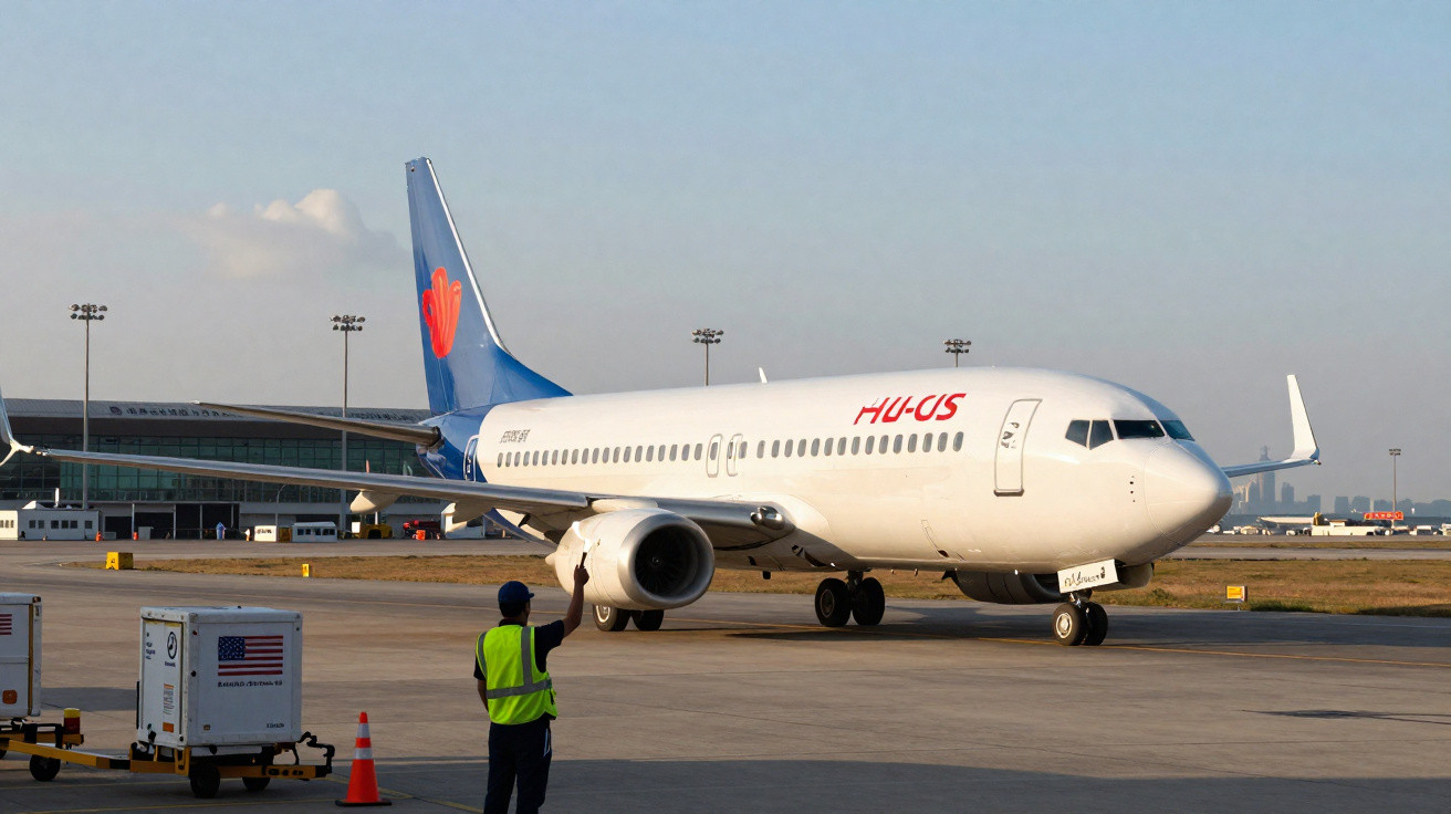 Avião branco com cauda azul e logo vermelho estacionado enquanto funcionário orienta no aeroporto.