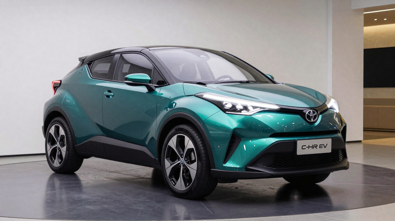 Carro eléctrico Toyota C-HR EV verde metálico, visão frontal em ângulo num espaço interior moderno.