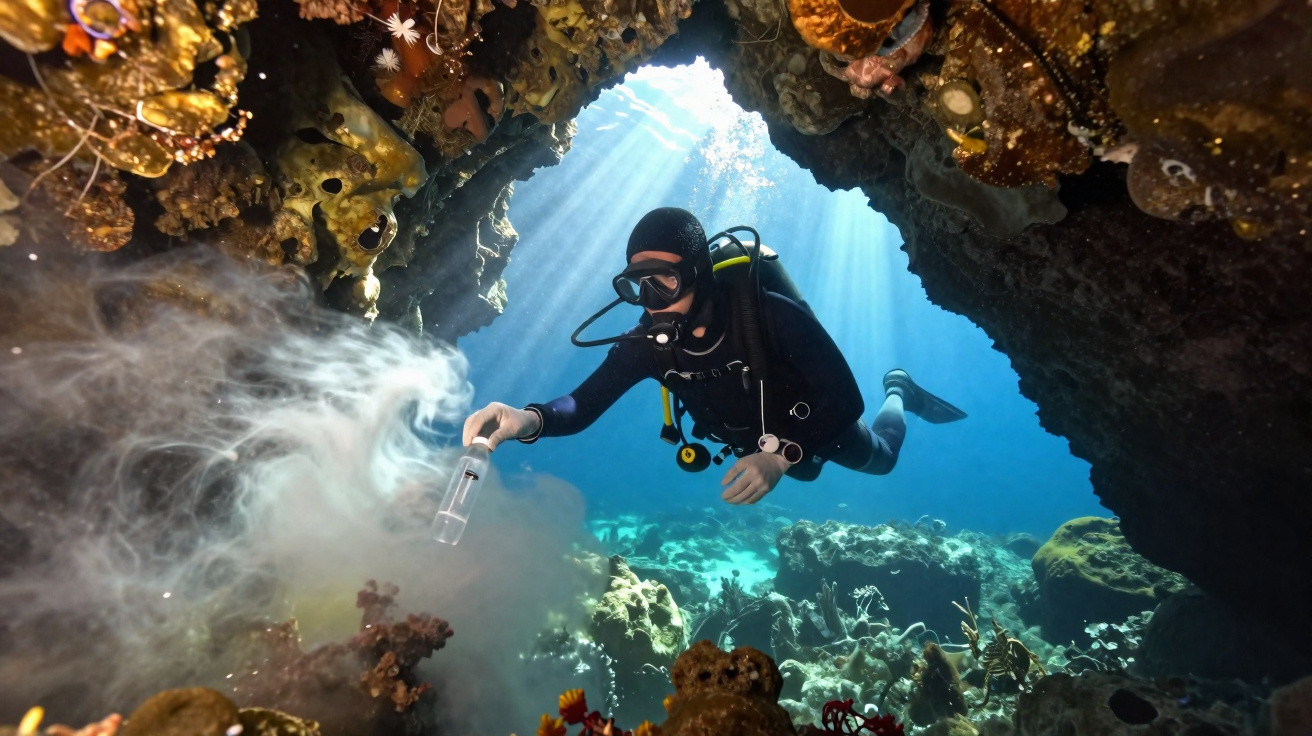 Mergulhador subaquático a explorar uma gruta marinha com luzes solares a atravessar a água.