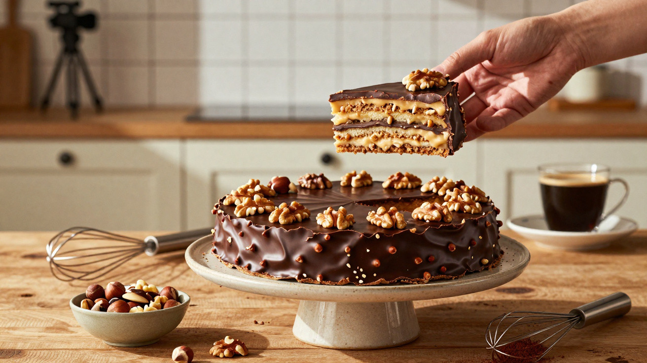 Bolo de chocolate com nozes, camada de creme, fatia a ser retirada, bancada de madeira e café ao fundo.